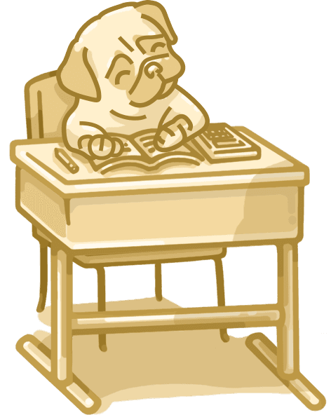 Pug at desk doing worksheets