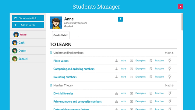 screenshot of StudyPug interface: student manager