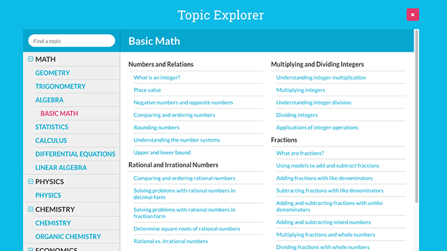 screenshot of StudyPug interface: topic explorer